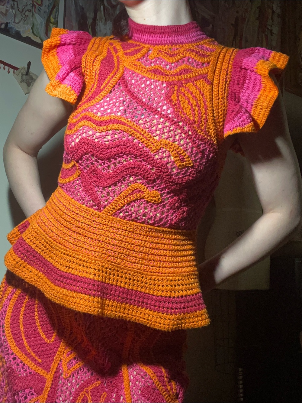 Farm Rio Pink And Orange Seashell Ruffled Crochet Top